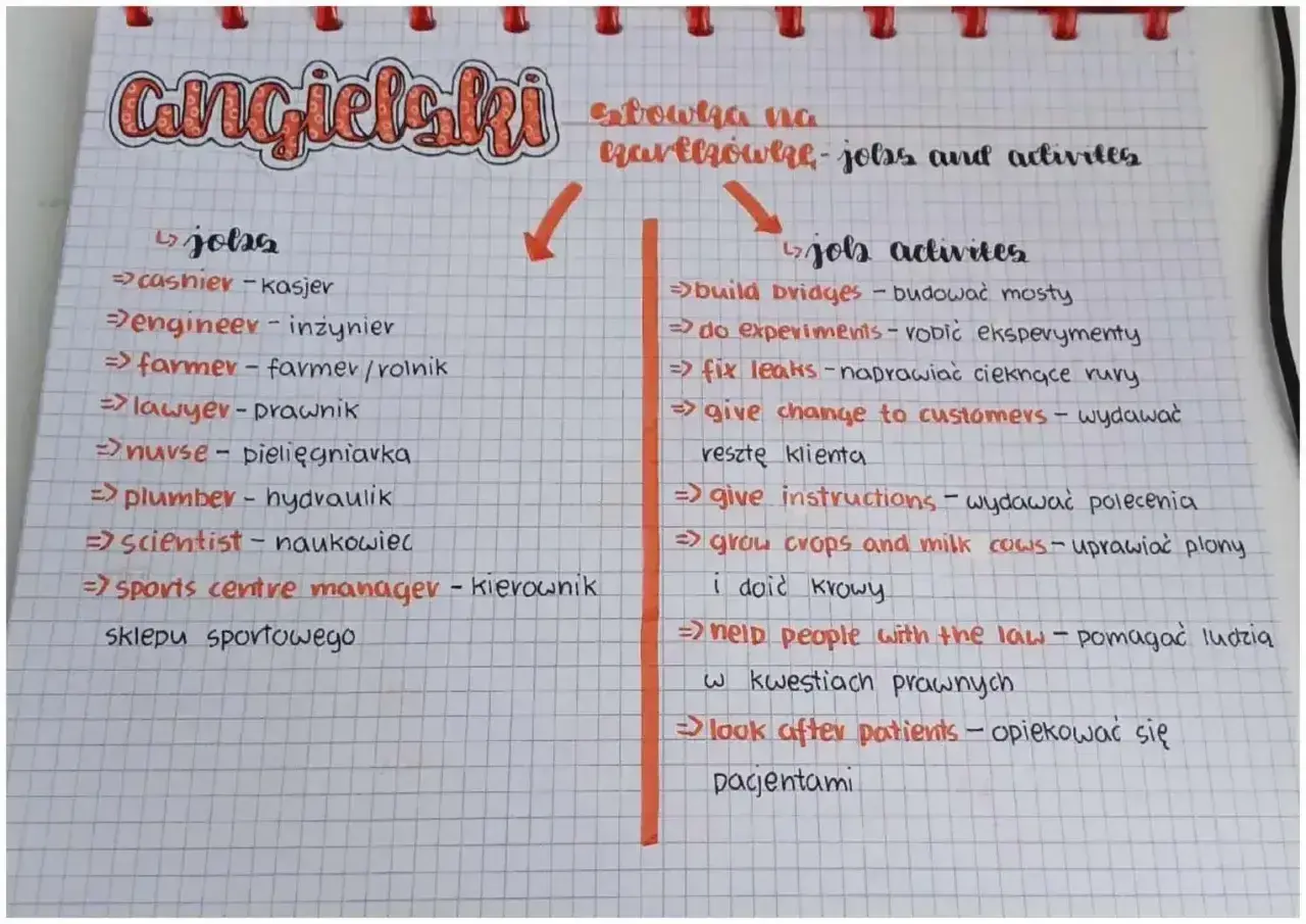 Rozszerzony artykuł angielski: lista zawodów i czynności z tłumaczeniem. Jobs: cashier, engineer, farmer, lawyer, nurse, plumber, scientist, sports centre manager. Job activities: build bridges, do experiments, fix leaks, give change to customers, give...