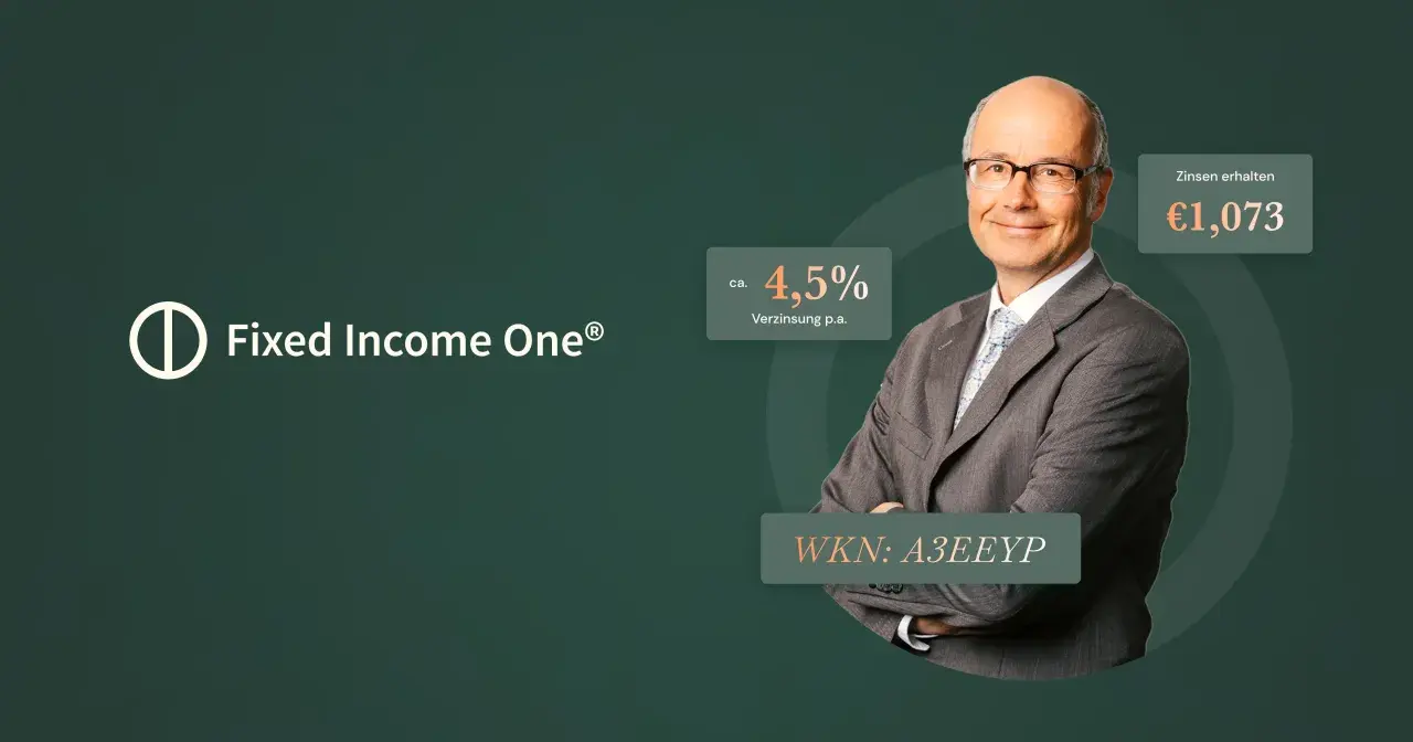 Herr Andreas Beck präsentiert den Fixed Income One Fonds mit 4,5% Verzinsung p.a. und Zinsen von €1.073.