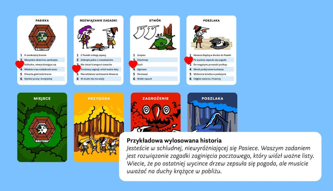 Karty do gry: Pasieka, zagadka, stwór, poszlaka. Przygoda, zagrożenie, poszlaka. Wesołe, kolorowe ilustracje w stylu gry.