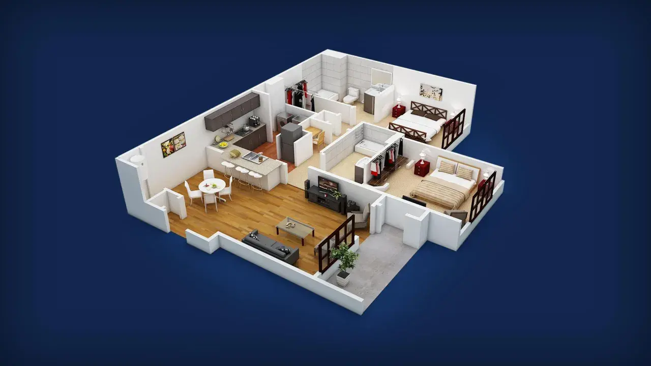 Plano de apartamento moderno con cocina, sala, dos dormitorios y baños. Ideal para un hogar con domótica Google.