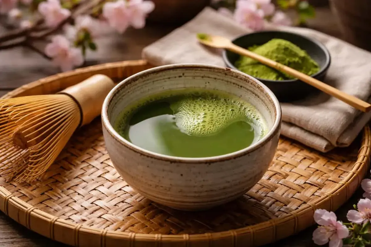En skål med grön matcha latte, en bambuvisp och en skål med matchapulver på en flätad bricka, med körsbärsblommor i bakgrunden.