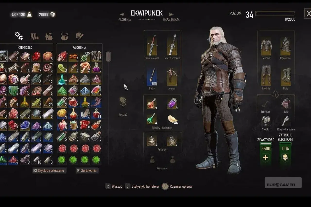 Geralt z Rivii w ekwipunku Wiedźmin 3 Krew i Wino. Widoczne przedmioty rzemiosła, alchemii, eliksiry i jedzenie.