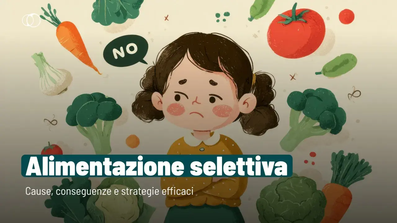 Bambina triste circondata da verdure, con un fumetto "NO". L'immagine esplora le cause dell'alimentazione selettiva.