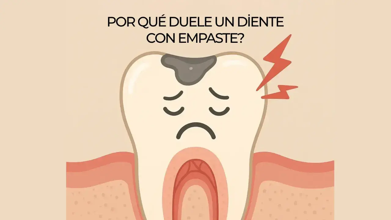 Diente con empaste y caries, con expresión triste y rayos de dolor. ¿Por qué duele una muela empastada al morder?
