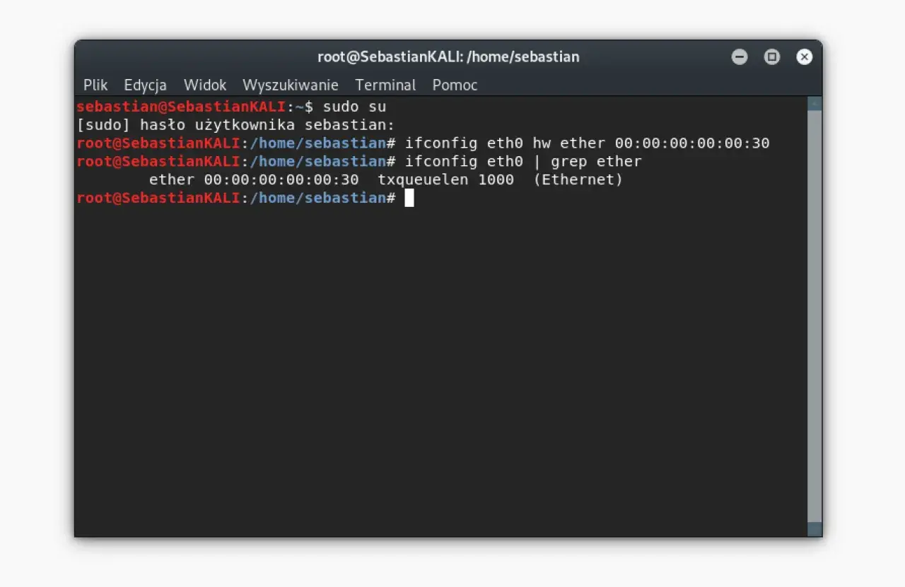 Terminal pokazuje, jak sprawdzić adres MAC karty sieciowej eth0. Komenda `ifconfig eth0 | grep ether` wyświetla adres MAC.
