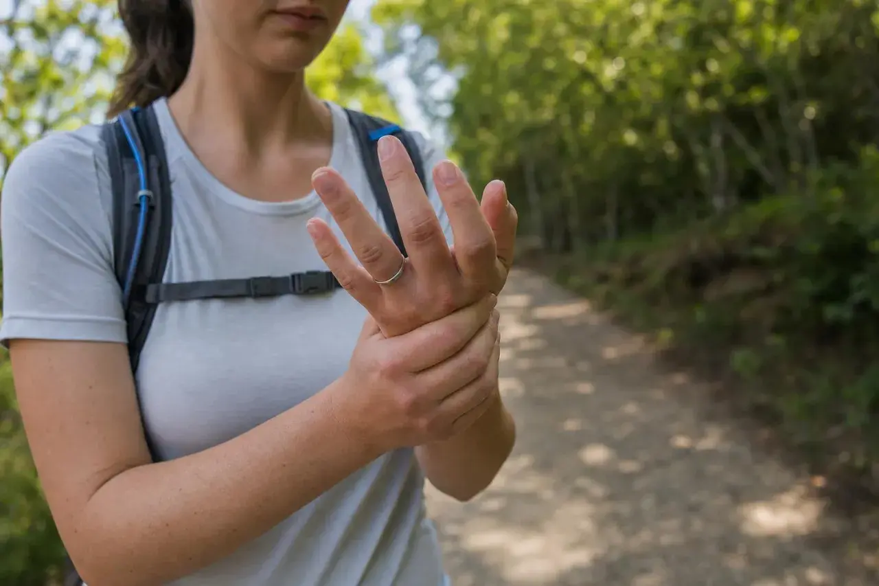 Donna con mani gonfie dopo camminata nel bosco, si tiene il polso.