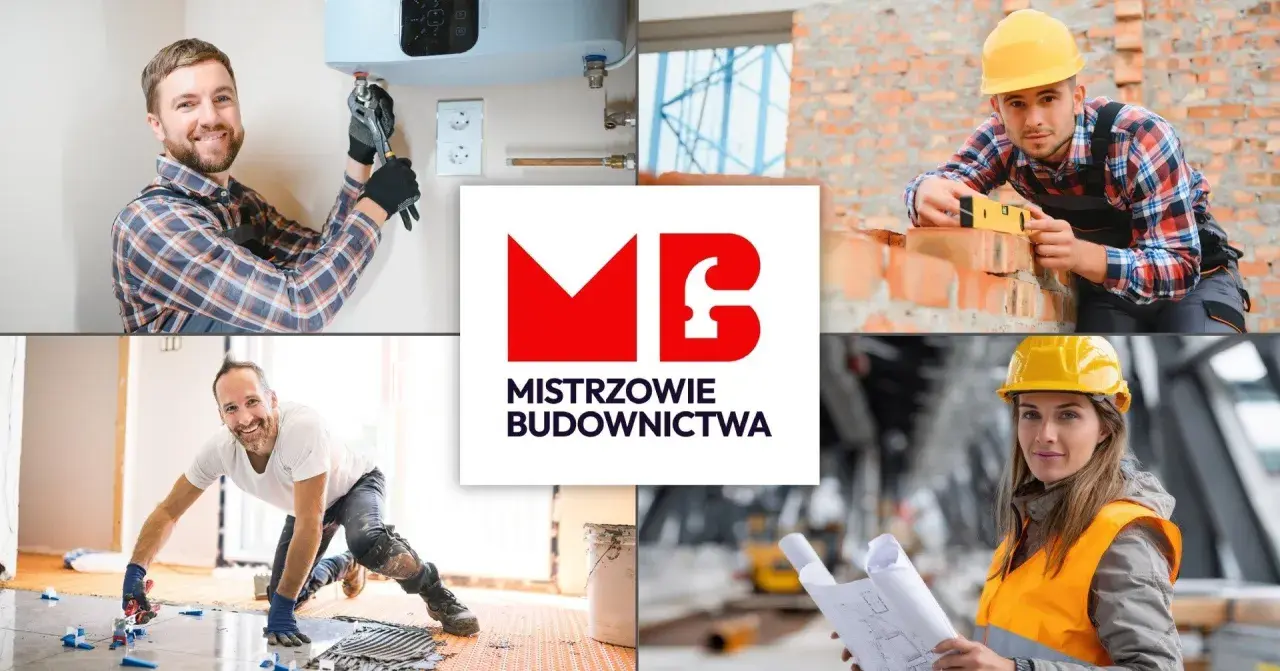 Kolaż zdjęć budowlańców i logo "Mistrzowie Budownictwa".