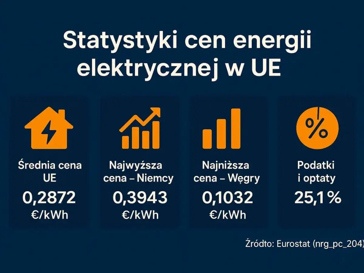 Statystyki cen energii elektrycznej w UE: średnia cena, najwyższa w Niemczech, najniższa na Węgrzech, podatki i opłaty.