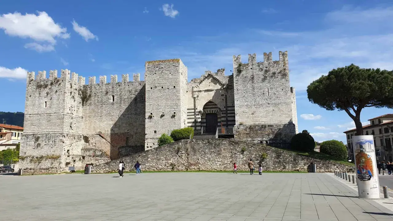 Castello medievale nel prato centro storico, con un grande albero e cielo azzurro.