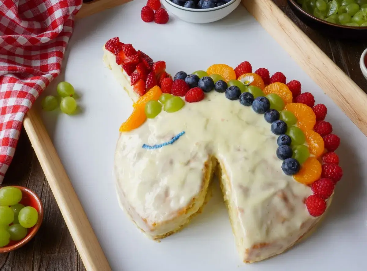 Ein fantasievoller Kuchen ohne Zucker in Einhornform, verziert mit bunten Früchten wie Erdbeeren, Blaubeeren und Mandarinen.