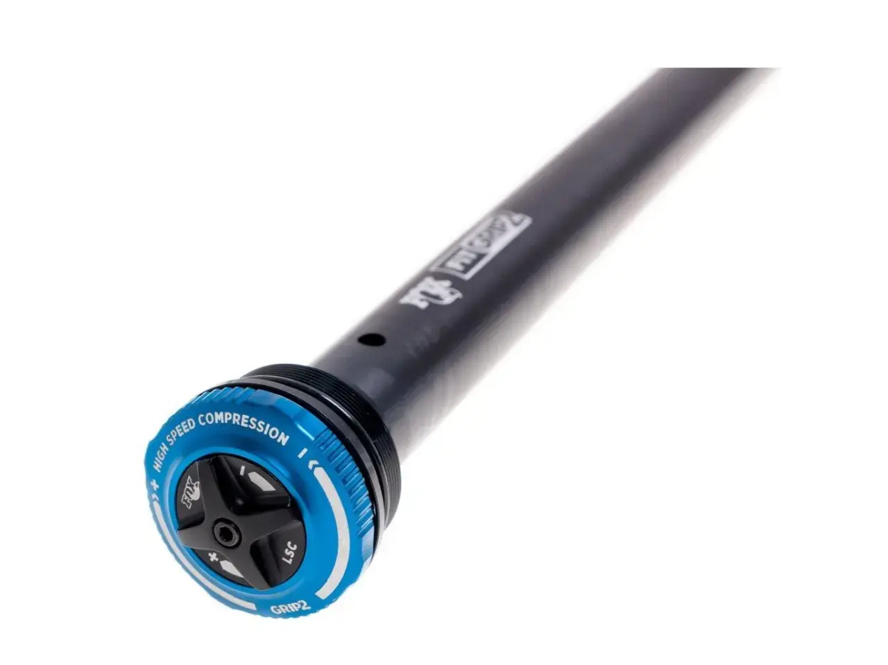 Close-up of a black bicycle suspension stanchion with a blue GRIP2 damper adjustment dial. The dial features "HIGH SPEED COMPRESSION" and "LSC" markings.