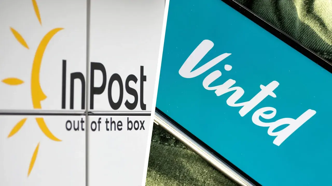 Logo InPost i ekran telefonu z napisem Vinted. Vinted działa w wielu krajach Europy, np. w Polsce, Francji, Niemczech.