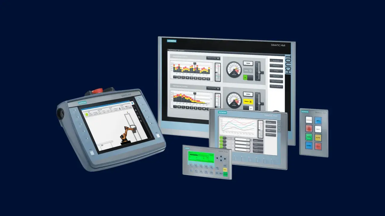 Różnorodne panele operatorskie Siemens SIMATIC HMI, prezentujące zaawansowany human-machine interface do sterowania maszynami.