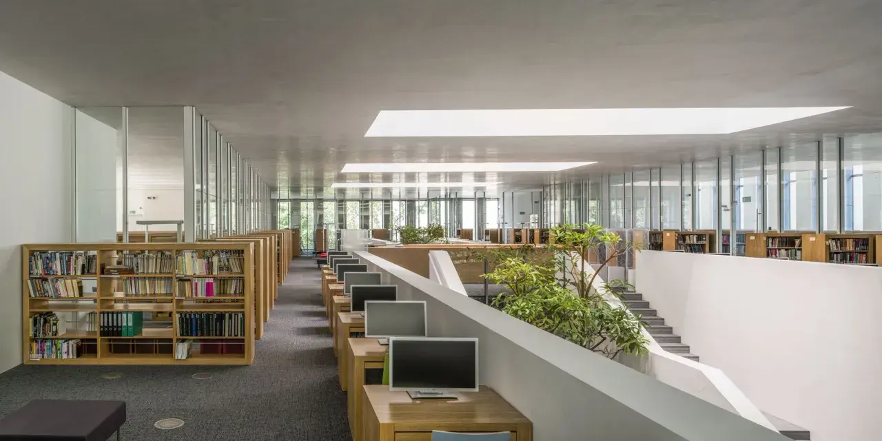 Nowoczesne wnętrze biblioteki Raczyńskich z rzędami regałów, komputerami i zielenią.
