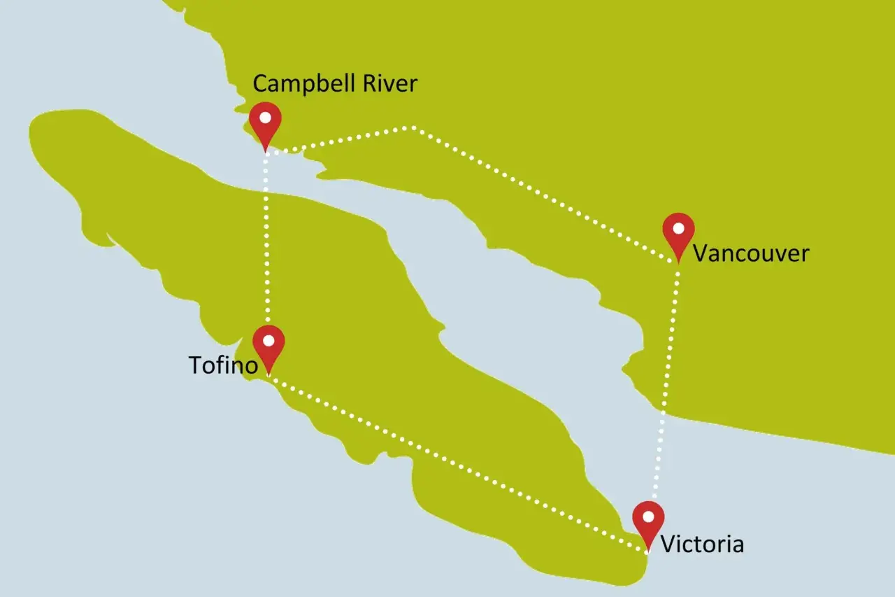 Karte von Vancouver Island mit markierten Orten: Campbell River, Tofino, Vancouver und Victoria.
