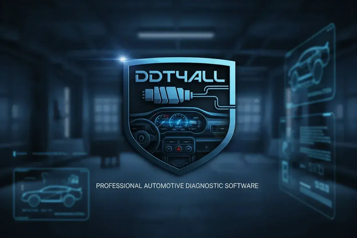 DDT4ALL-logotyp med bilinstrument och texten "PROFESSIONAL AUTOMOTIVE DIAGNOSTIC SOFTWARE". Perfekt för att skapa ett serviceprotokoll bil mall.