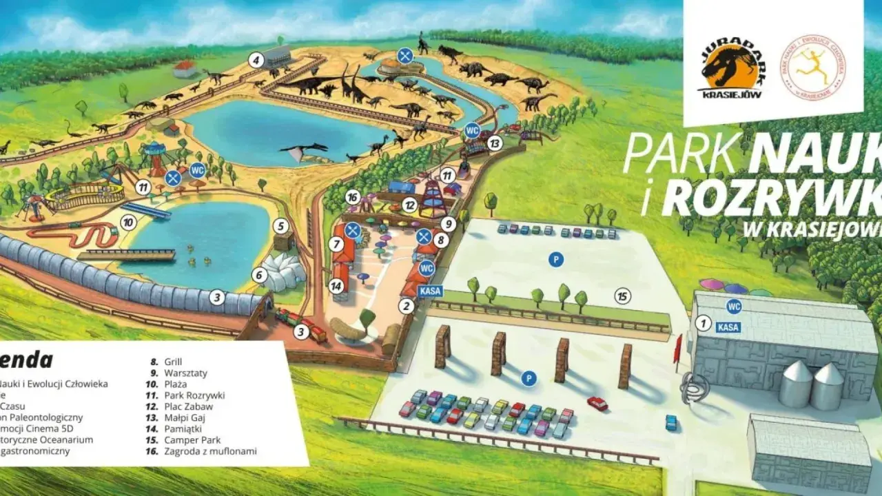 Mapa Parku Nauki i Rozrywki w Krasiejowie. Widoczne dinozaury, jeziora, place zabaw i inne atrakcje.