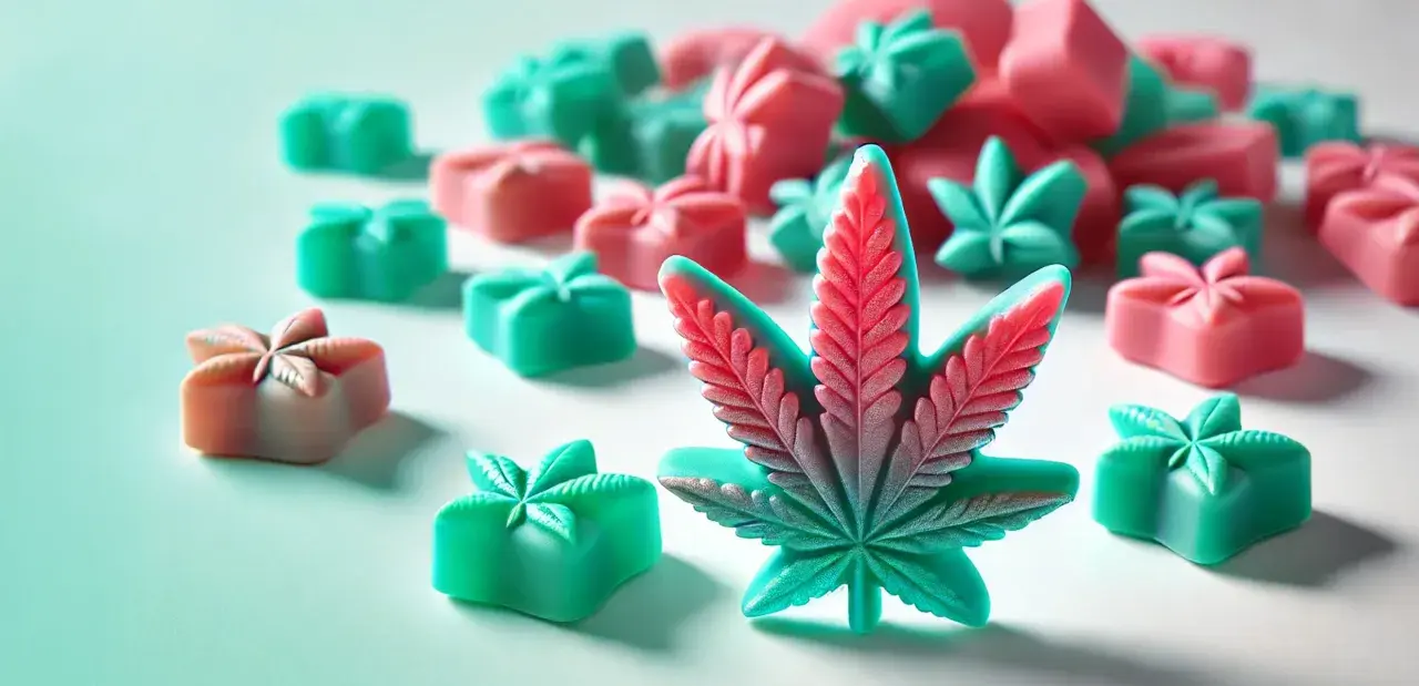 Bunte CBD Gummibärchen in Form von Cannabisblättern und Geschenken.