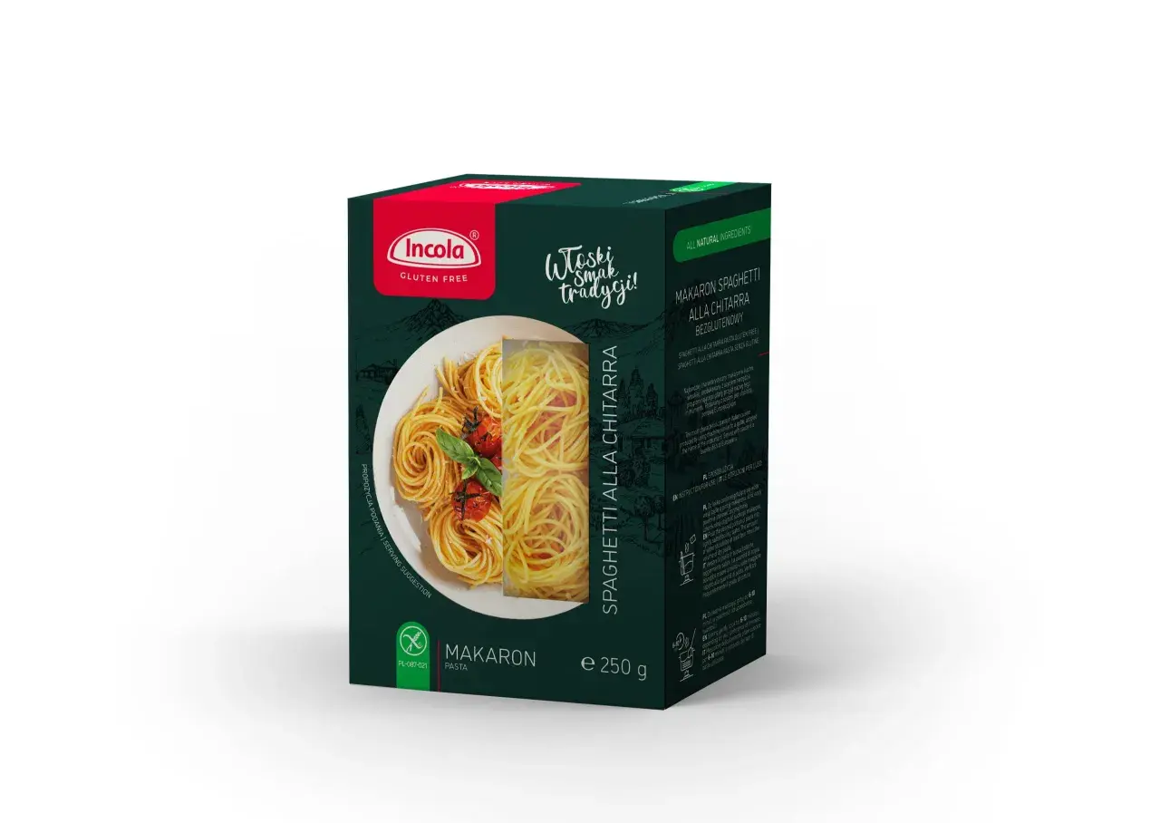 Glutenfri spaghetti alla chitarra från Incola. Förpackningen visar en tallrik med färdiglagad pasta, perfekt för dig som söker glasnudlar gluten.