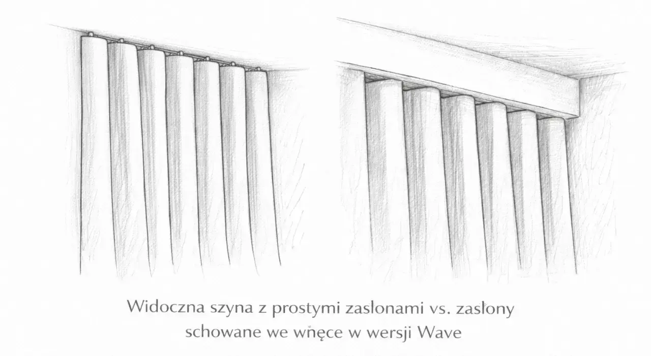 Szyba z zasłonami na szynie sufitowej. Po lewej zasłony wiszą prosto, po prawej są schowane we wnęce w wersji Wave.
