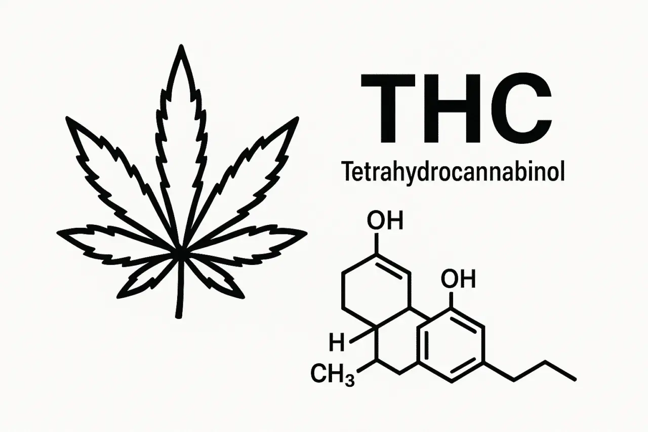 Liść konopi i wzór chemiczny THC (Tetrahydrocannabinol).