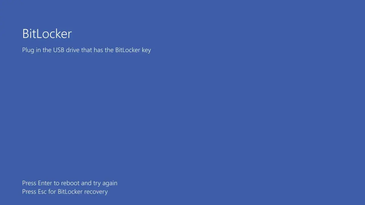Ekran BitLocker prosi o podłączenie pendrive'a z kluczem odzyskiwania. Naciśnij Enter, by spróbować ponownie, lub Esc dla odzyskiwania BitLocker.
