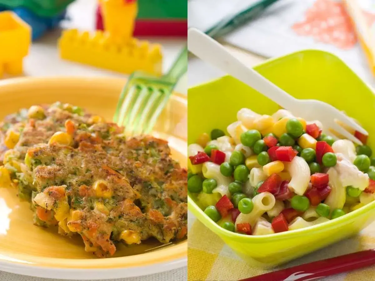 Tortitas de verduras y ensalada de pasta con guisantes, maíz y pimiento rojo. ¡Deliciosas recetas con verduras para niños!