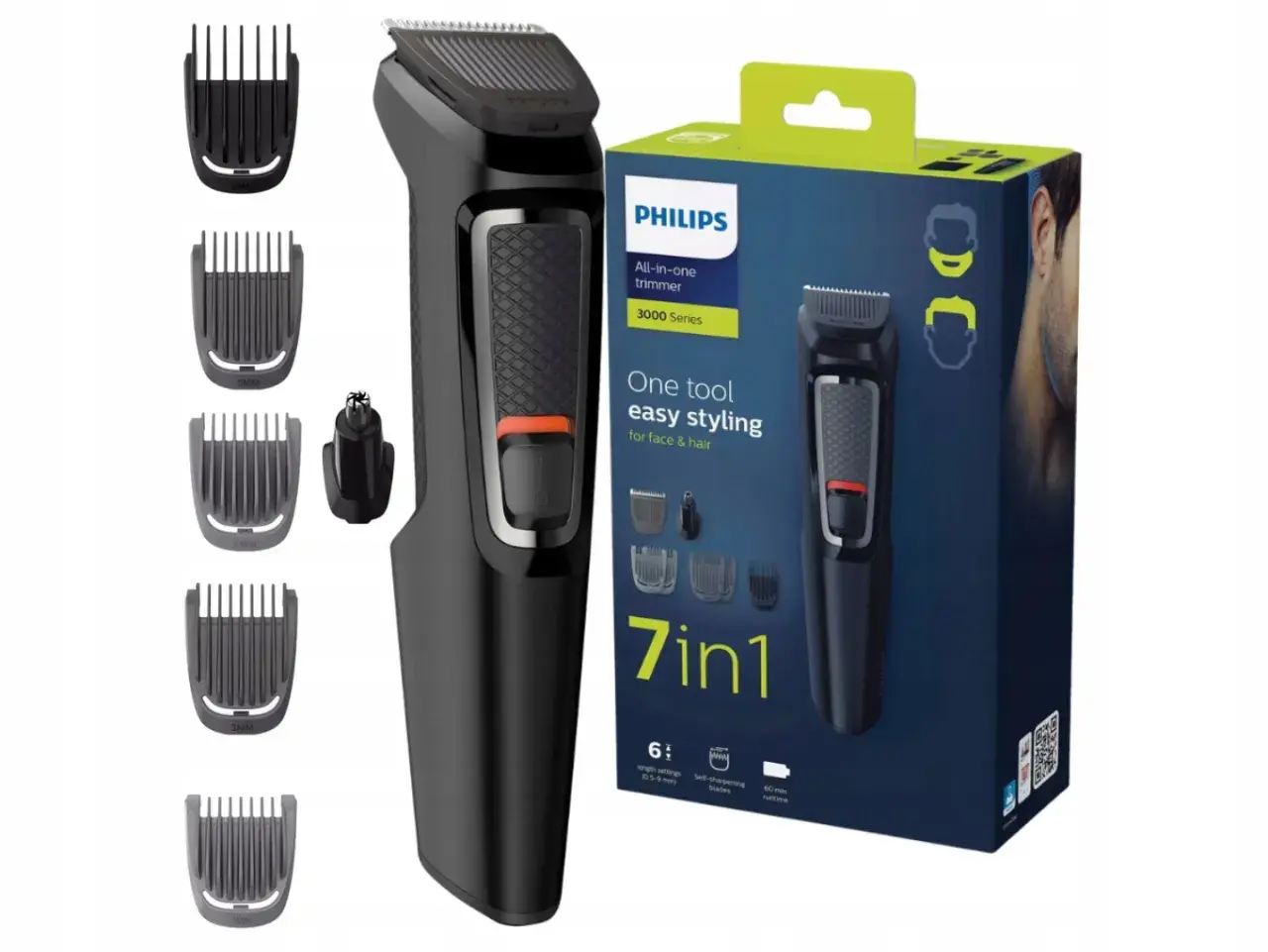 Trymer wielofunkcyjny Philips 7w1 z nasadkami i opakowaniem.