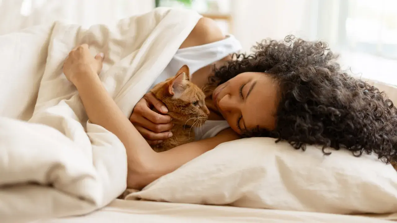 Frau mit Katze kuschelt im Bett unter einer Decke.