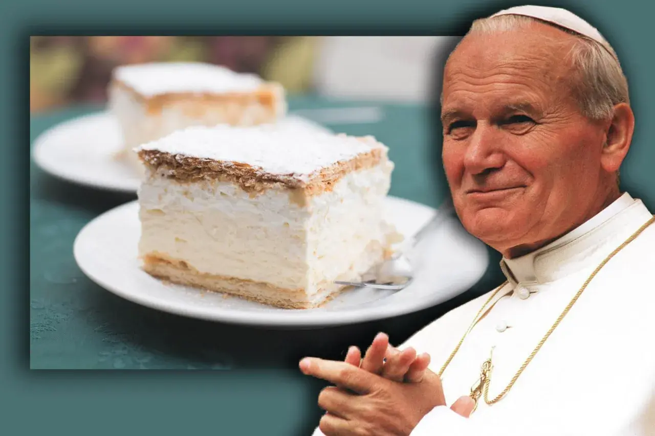 Jan Paweł II i jego ukochane kremówki. Pyszny deser na talerzyku, obok uśmiechnięty Papież.