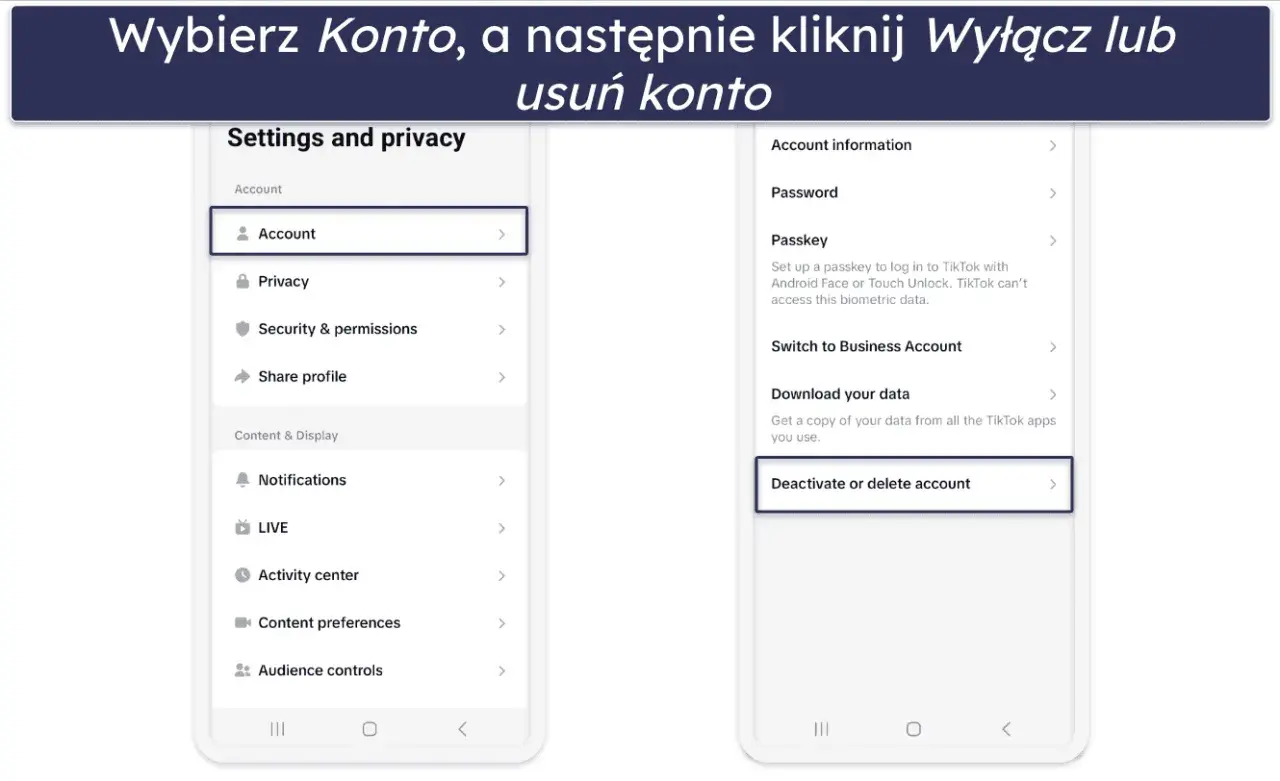 Instrukcja jak usunąć konto na TikToku: wybierz "Konto", a następnie "Deactivate or delete account".