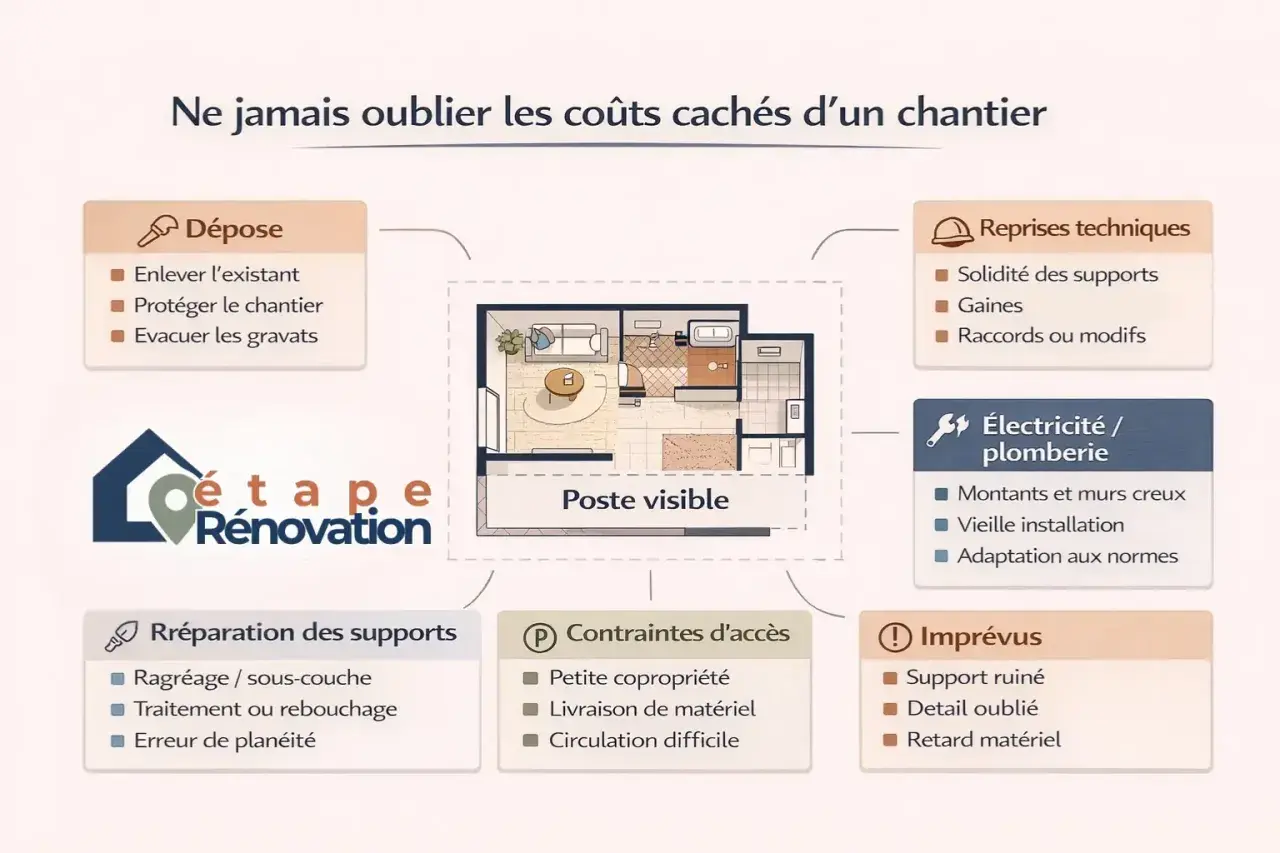 Schéma des coûts cachés d'un chantier de rénovation d'un f3 appartement, incluant dépose, reprises techniques, électricité/plomberie, préparation des supports, contraintes d'accès et imprévus.