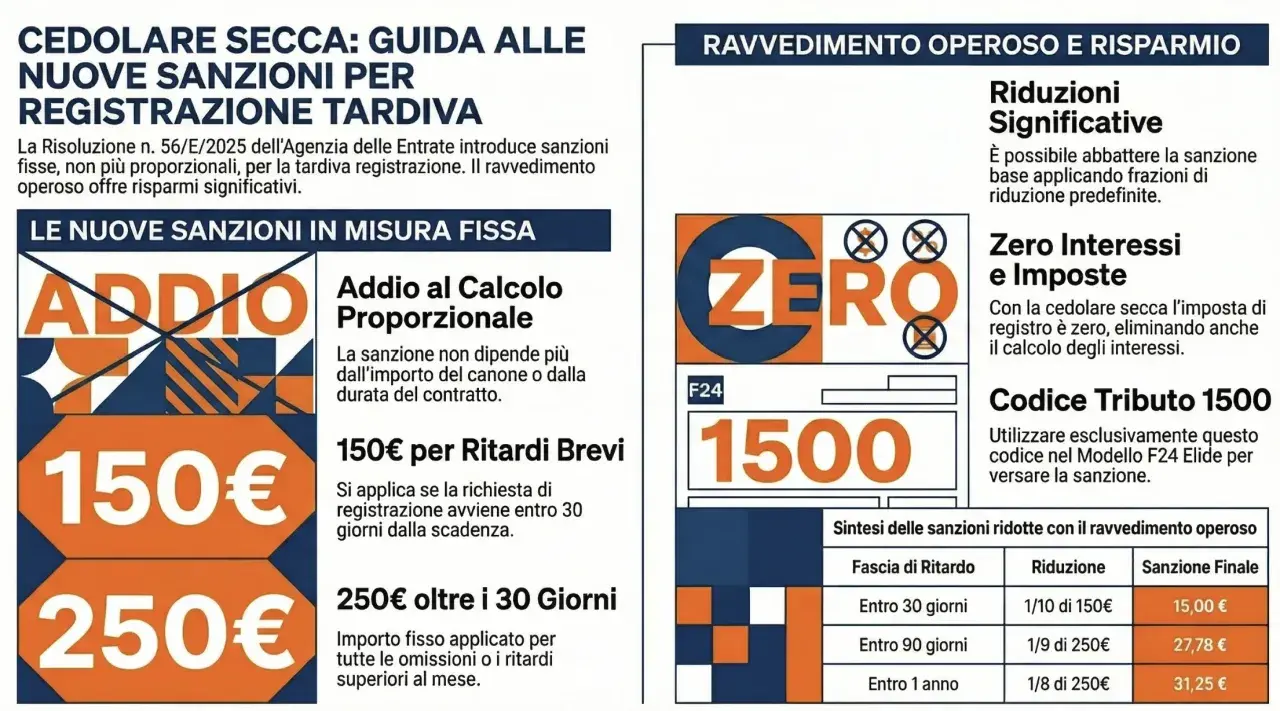 Guida alle nuove sanzioni per registrazione tardiva oltre 5 anni: addio calcolo proporzionale, sanzioni fisse da 150€ e 250€. Ravvedimento operoso riduce le sanzioni.