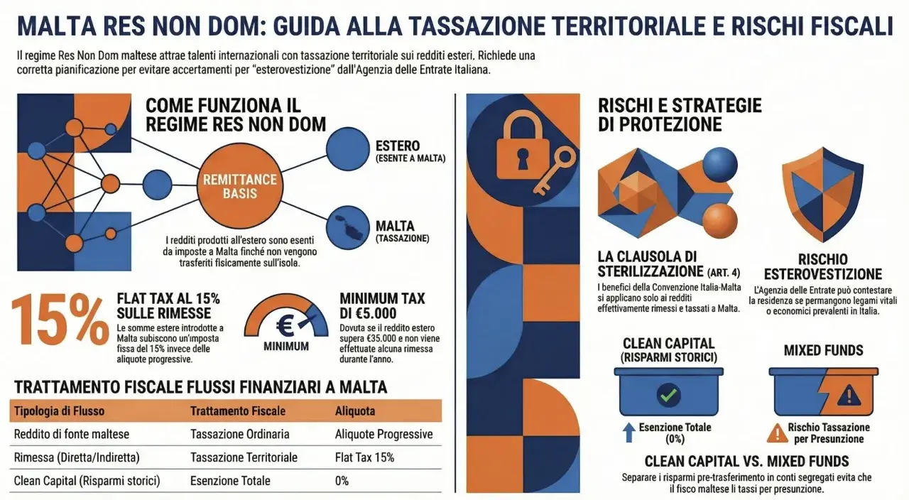 Guida al regime Res Non Dom maltese: tassazione territoriale, flat tax 15% sulle rimesse e rischio esterovestizione. La **malta reoplastica** è un concetto chiave per la pianificazione fiscale.