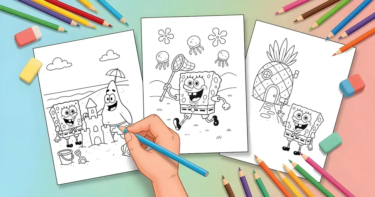 Páginas de personajes de Bob Esponja para colorear: Bob Esponja y Patricio construyen castillos de arena, Bob Esponja caza medusas y Bob Esponja saluda desde su piña.