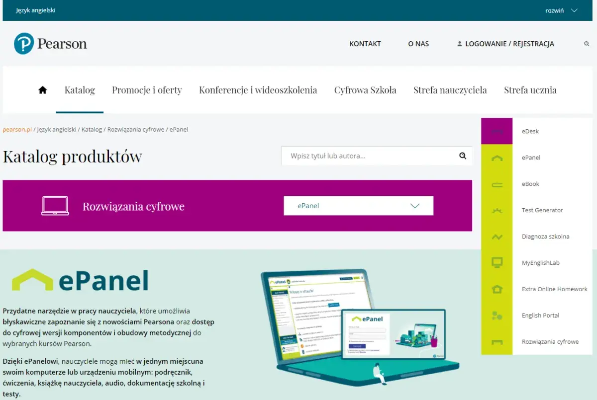 Przykłady środków technodydaktycznych: ePanel, eDesk, eBook, Test Generator. Narzędzia Pearsona dla nauczycieli.