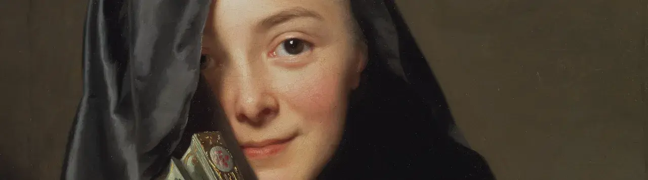 En målning av Sofia Magdalena med en svart slöja och en utsmyckad fläkt.