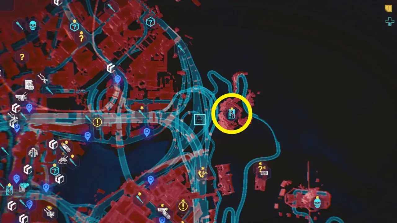 Mapa Night City z zaznaczonymi kartami tarota cyberpunk.