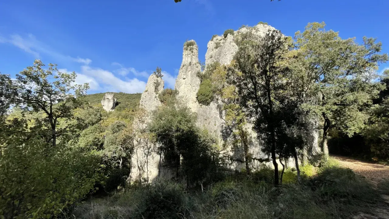 Les Aiguilles de Valbelle, formations rocheuses spectaculaires, se dressent sous un ciel bleu, entourées de verdure.