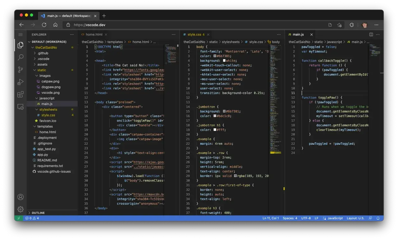 Kod JavaScript w VS Code pokazuje, jak zainstalować przeglądarkę bez przeglądarki, tworząc interaktywny element.