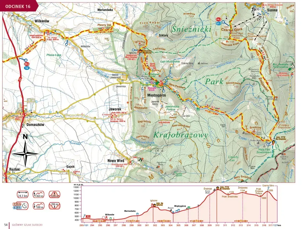 Mapa szlaku turystycznego, fragment Głównego Szlaku Sudeckiego, z zaznaczonymi miejscowościami, szczytami i profilami wysokości.