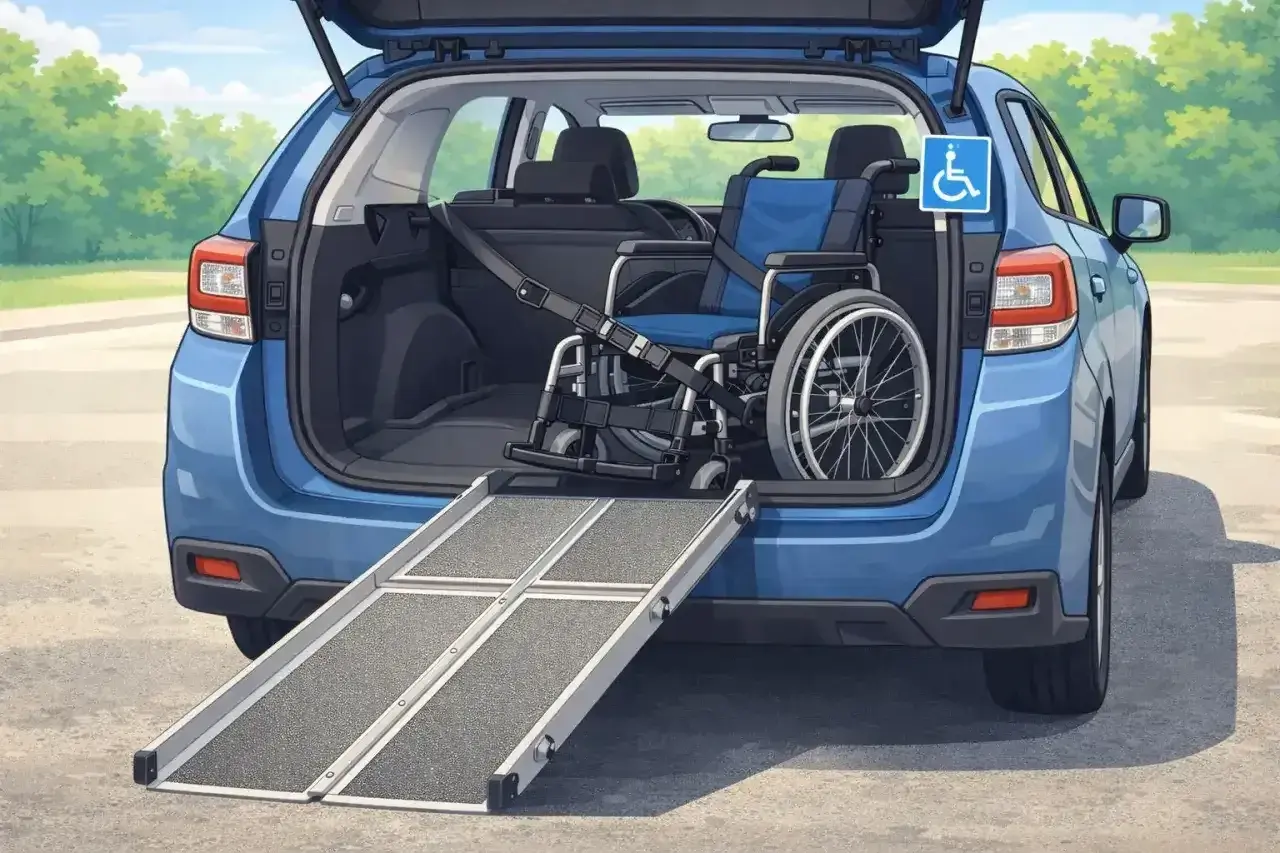 Rampa estesa per caricare una carrozzina in un'auto, pronta per un ragazzo disabile.