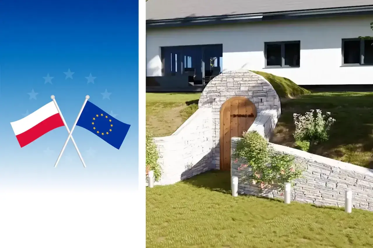 Kamienna piwnica bez pozwolenia, z drewnianymi drzwiami, wtopiona w skarpę obok nowoczesnego domu. Obok polska i unijna flaga.