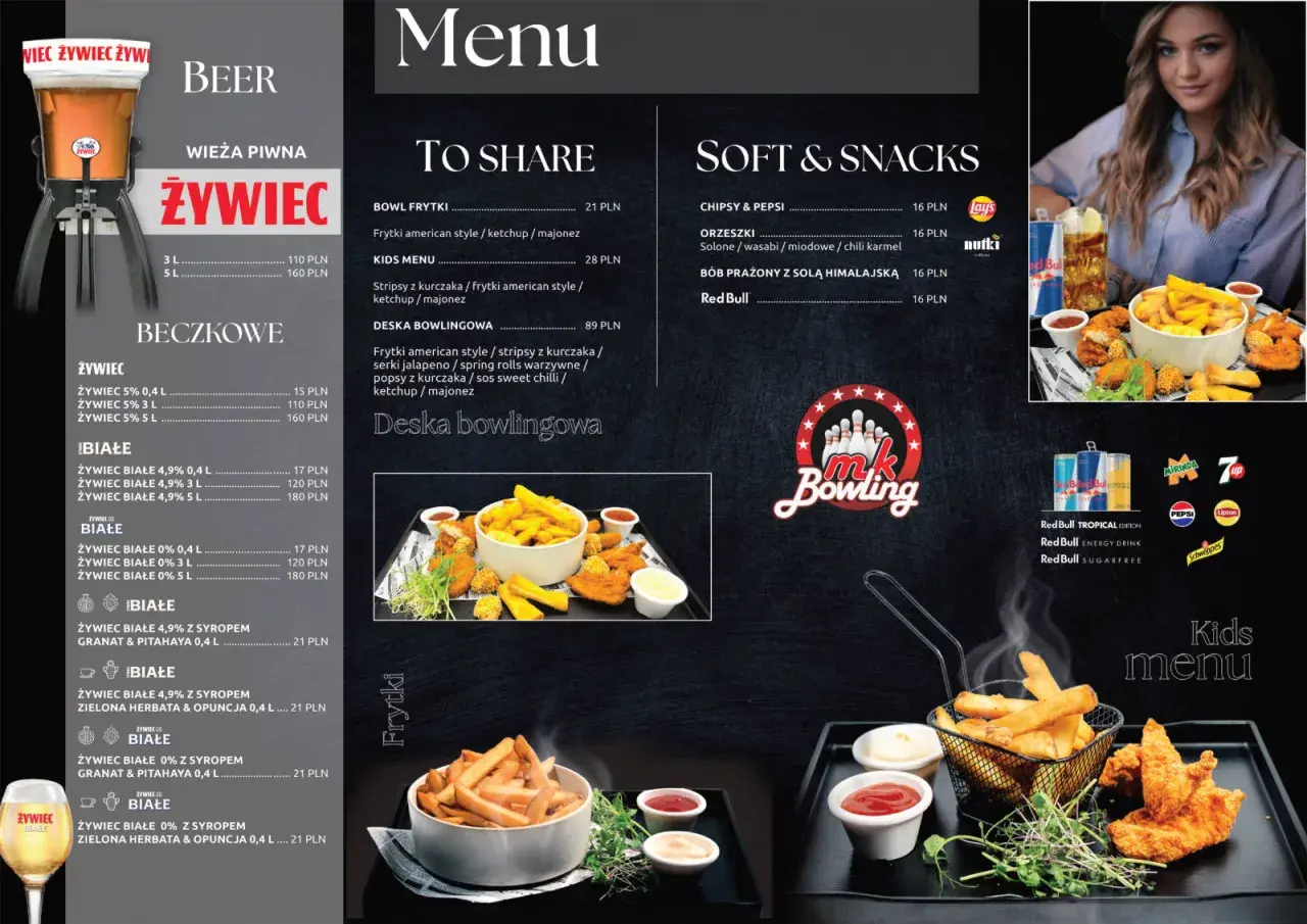 Menu z piwem Żywiec i przekąskami. Deska bowlingowa z frytkami, kurczakiem i sosami.