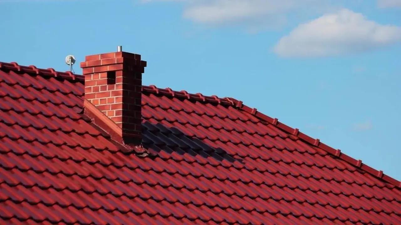 Roter Ziegeldach mit einem gemauerten Kamin. Die Anschlussstelle zwischen Kamin und Dach scheint undicht zu sein.