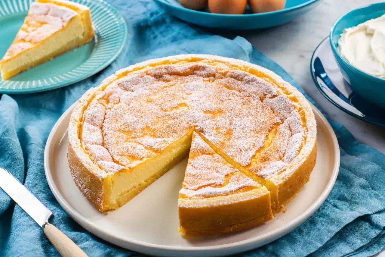 Torta soffice e dorata, simile a un quark formaggio, cosparsa di zucchero a velo. Una fetta è già servita.