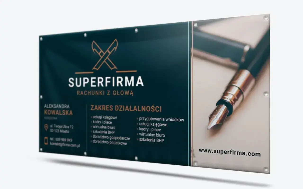 Reklama biura rachunkowego "Superfirma". Oferuje usługi księgowe, kadry i płace, wirtualne biuro, szkolenia BHP, doradztwo gospodarcze i podatkowe.