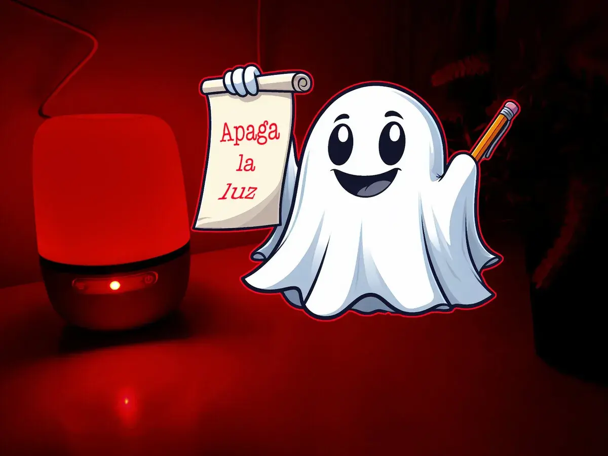Un fantasma sonriente con un pergamino que dice "Apaga la luz" y un lápiz, junto a una lámpara roja que aún emite un brillo, porque foco downlight se queda un poco con luz.