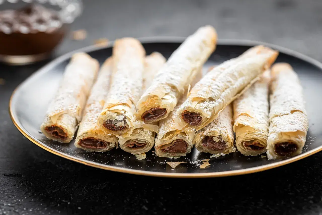 Rotolini croccanti di pasta fillo ripieni di cioccolato, spolverati di zucchero a velo.