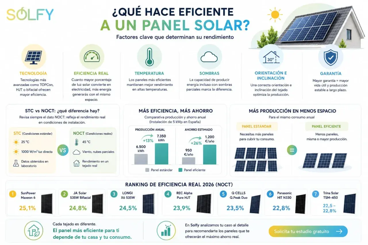 Infografía sobre factores que determinan el **rendimiento** de **placas solares**, incluyendo tecnología, temperatura, sombras, orientación, inclinación y garantía.